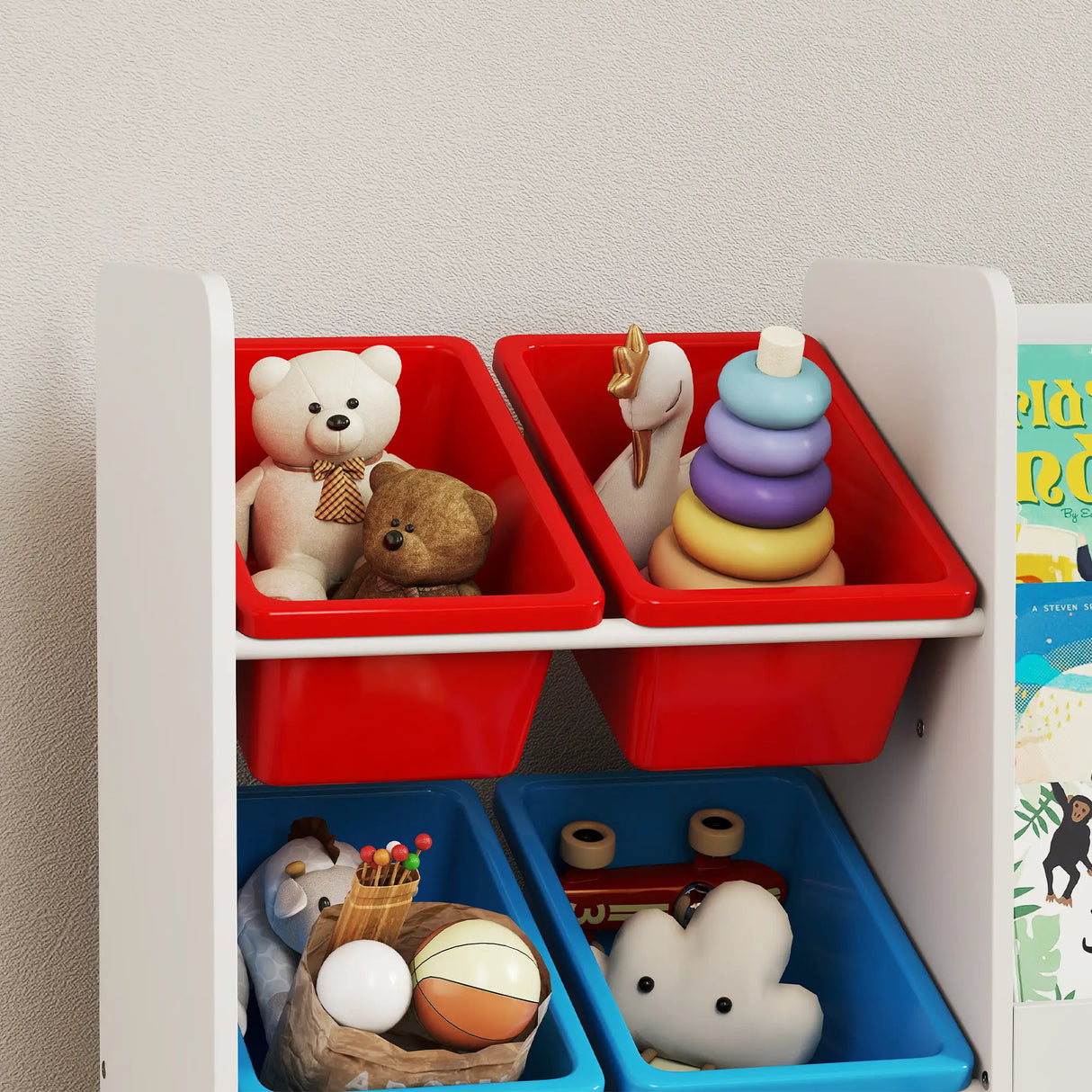AIYAPLAY Toy Storage Unit, 3-Tier Toy Organiser Shelf with 6 Removable Storage Bins for Bedroom, Nursery, Multicoloured