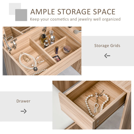 HOMCOM Dressing Table with Flip-Up Mirror and Cushioned Stool, Makeup Vanity Desk with Hidden Compartments and Storage Drawer, Convertible Writing Table for Bedroom, Natural