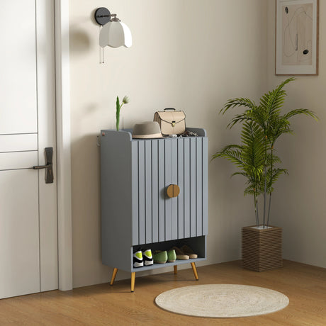 HOMCOM Modern Shoe Cabinet with 2 Doors, Open Shelf and Adjustable Shelves, 15 Pair Hallway Shoe Cupboard, Entryway Storage Unit, Light Grey