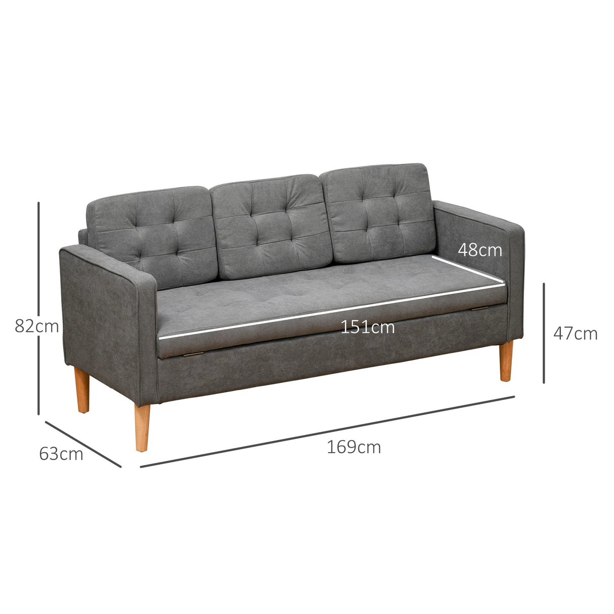 HOMCOM Modern 3 Seater Sofa with Hidden Storage, 169cm Tufted Snow Flannel Couch with Wood Legs, Compact Sofa for Living Room, Grey