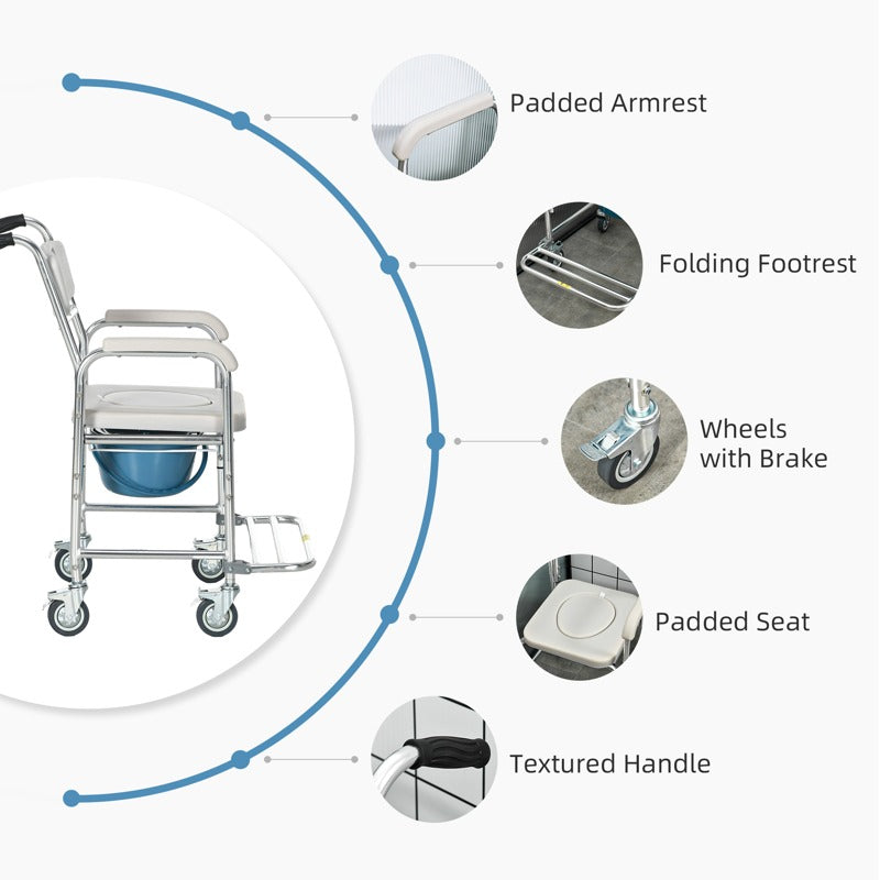 HOMCOM 3-in-1 Shower Commode Wheelchair, with Wheels - Grey