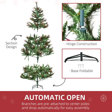 HOMCOM 1.8m 6ft Pre-Lit Christmas Tree Artificial Spruce Xmas Tree Warm White LED Holiday Décor with Metal Stand