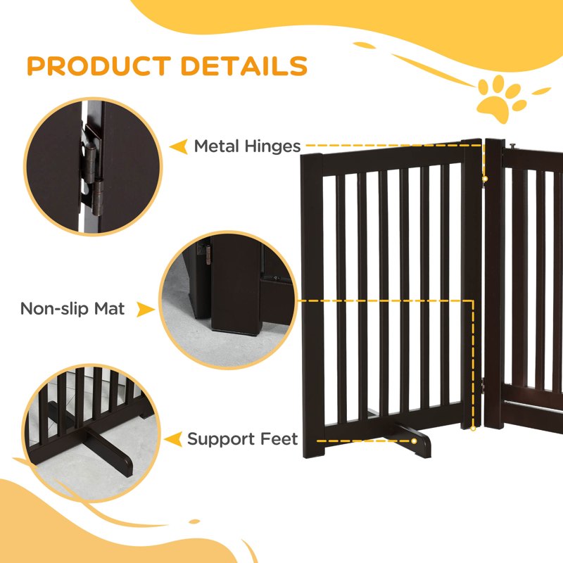 PawHut Freestanding Dog Gate, Foldable Pet Fence, Indoor Barrier, Stair Gate with Support Feet, 155 x 76 cm, Brown