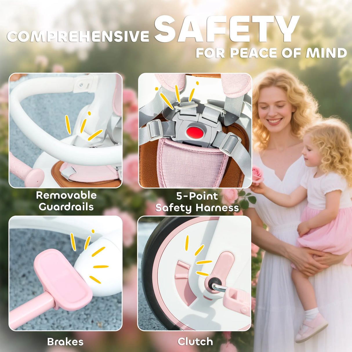 AIYAPLAY 5 in 1 Kids Trike with Adjustable Backrest, Toddler Tricycle with Push Handlebar, Adjustable Backrest, Pink