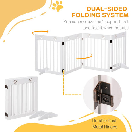 PawHut Freestanding Pet Gate 4 Panel Wooden Dog Barrier Folding Safety Fence with Support Feet up to 204cm Long 61cm Tall for Doorway Stairs White