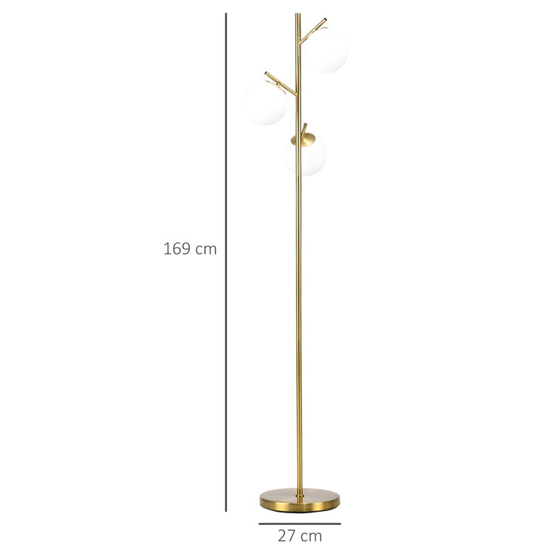 HOMCOM 3-Light Tree Floor Lamps for Living Room, Modern Standing Lamp for Bedroom with Globe Lampshade, Steel Base, Bulb not Included, Gold Tone