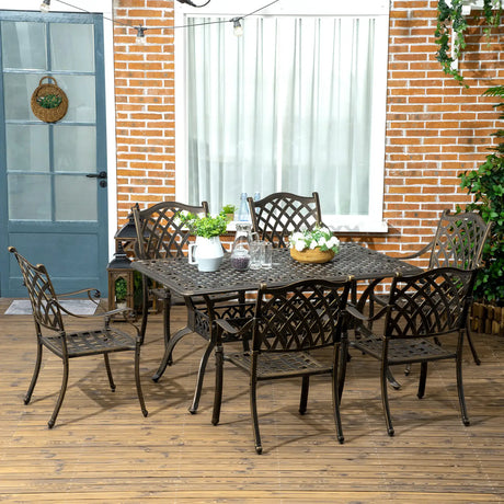 Outsunny 7 PCs Garden Patio Dining Set with Parasol Hole, Cast Aluminium Outdoor Furniture Set with Six Cushioned Chairs and Rectangle Dining Table, for Garden, Lawn, Deck, Bronze Tone