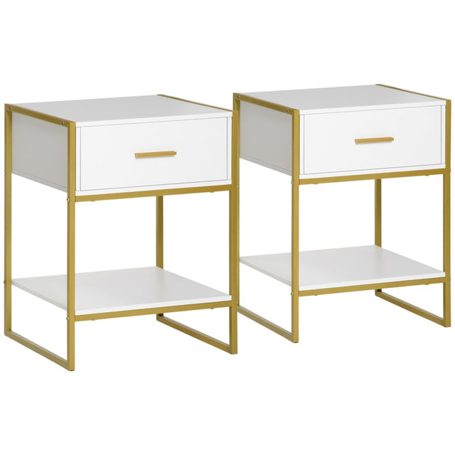 HOMCOM Set of Two Elegant Bedside Tables - White/Gold-Tone