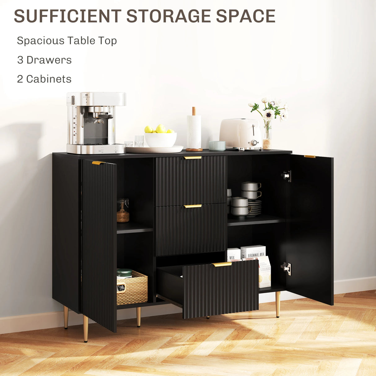HOMCOM 2-Door Sideboard with 3 Drawers and Adjustable Shelves - Black