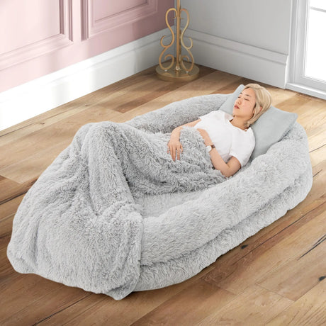 Washable Fluffy Human Dog Bed with Soft Blanket and Plump Pillow-Gray