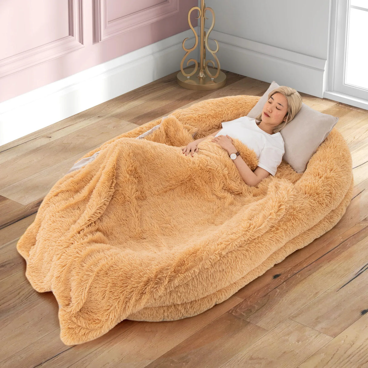 Washable Fluffy Human Dog Bed with Soft Blanket and Plump Pillow-Brown
