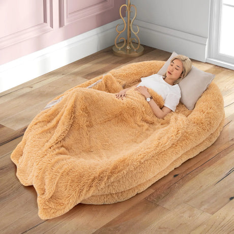 Washable Fluffy Human Dog Bed with Soft Blanket and Plump Pillow-Brown