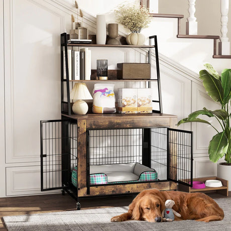 Industrial Dog Kennel Dog Crate Furniture with Storage Shelves-Rustic Brown