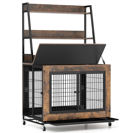 Industrial Dog Kennel Dog Crate Furniture with Storage Shelves-Rustic Brown