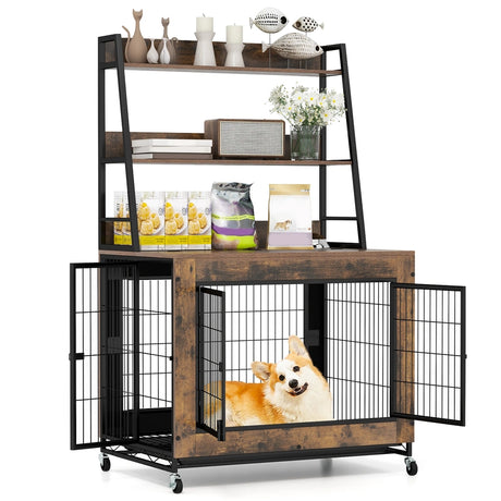 Industrial Dog Kennel Dog Crate Furniture with Storage Shelves-Rustic Brown