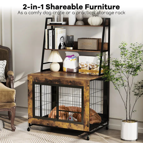Industrial Dog Kennel Dog Crate Furniture with Storage Shelves-Rustic Brown