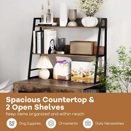 Industrial Dog Kennel Dog Crate Furniture with Storage Shelves-Rustic Brown
