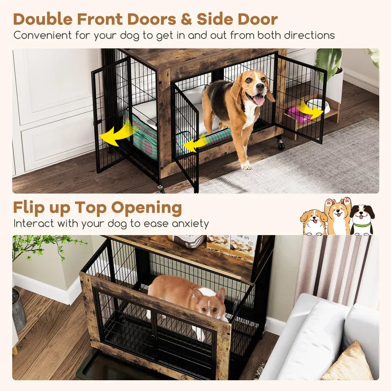 Industrial Dog Kennel Dog Crate Furniture with Storage Shelves-Rustic Brown
