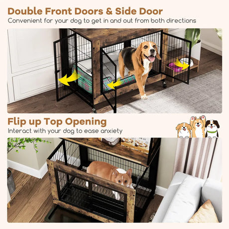 Industrial Dog Kennel Dog Crate Furniture with Storage Shelves-Rustic Brown