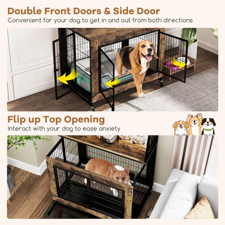 Industrial Dog Kennel Dog Crate Furniture with Storage Shelves-Rustic Brown