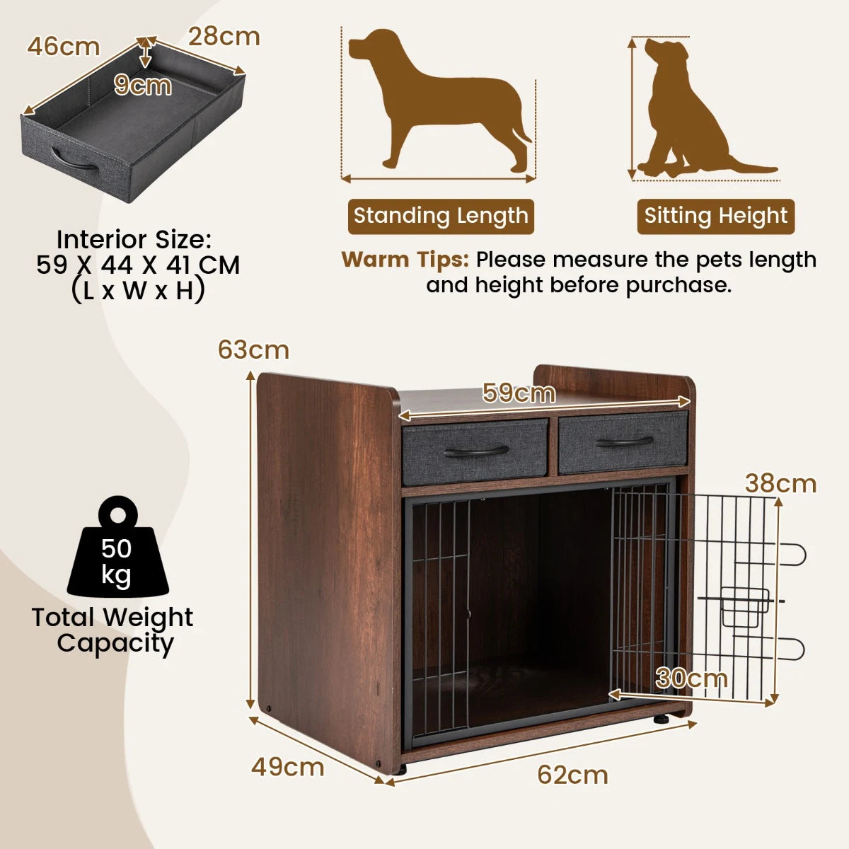 Indoor Dog Crate Furniture with 2 Fabric Drawers