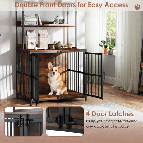 Dog Crate Furniture with Storage Shelves and Double Doors for Small Medium Dogs-Brown