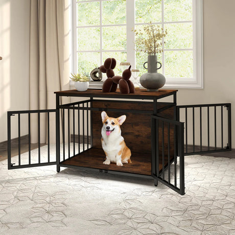 Furniture Style Dog Crate Chew-resistant Dog Cage with Three Doors-Rustic Brown