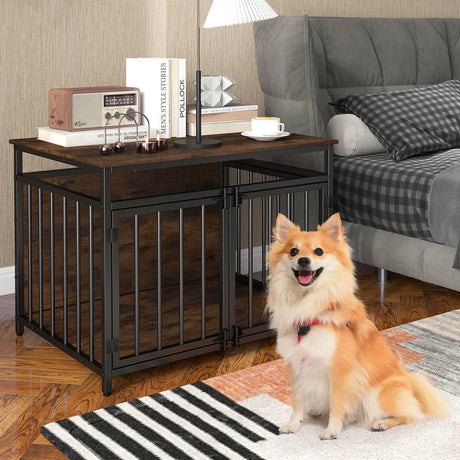 Furniture Style Dog Crate Chew-resistant Dog Cage with Three Doors-Rustic Brown