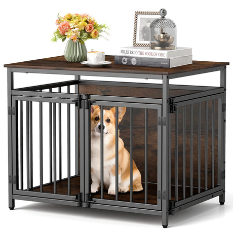 Furniture Style Dog Crate Chew-resistant Dog Cage with Three Doors-Rustic Brown