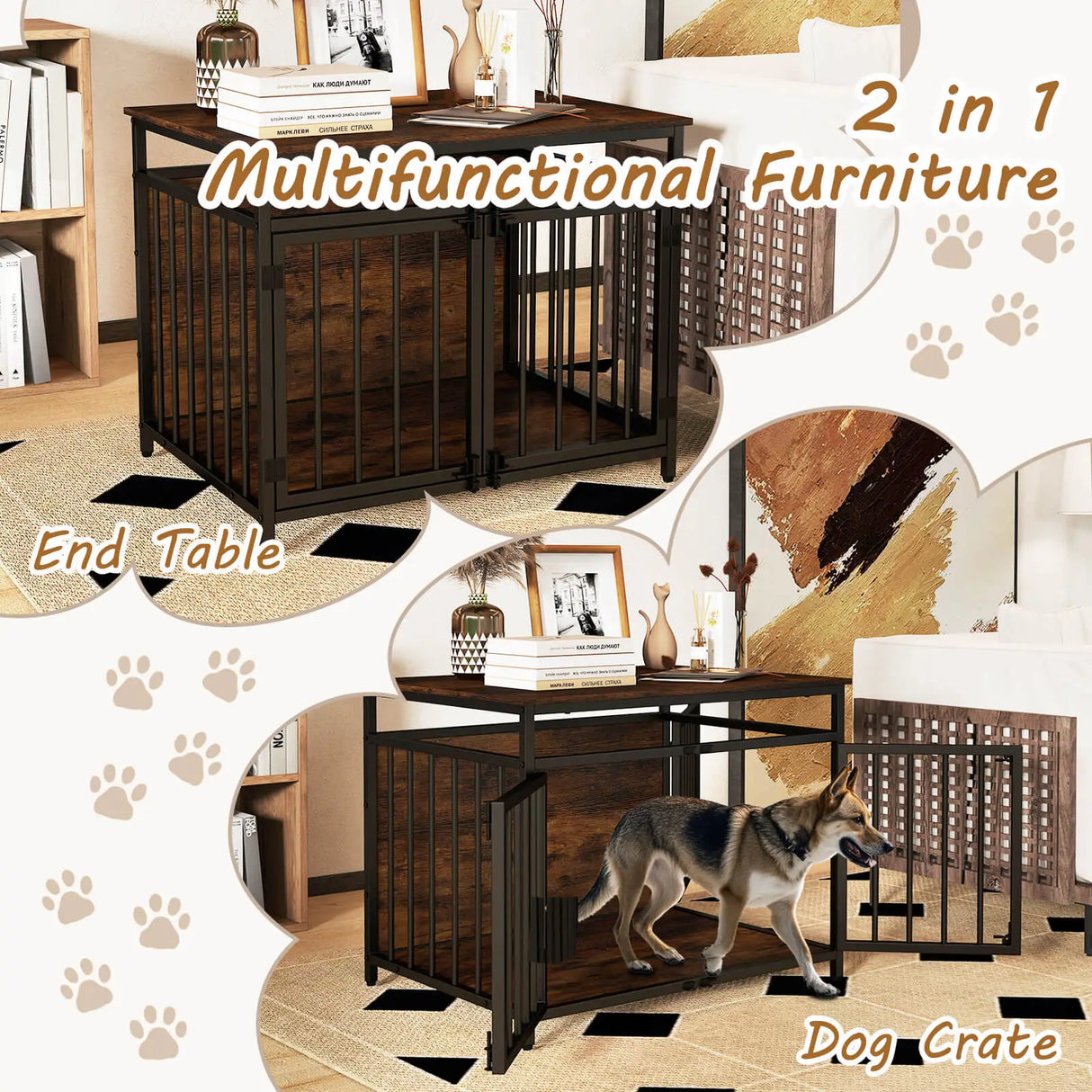 Furniture Style Dog Crate Chew-resistant Dog Cage with Three Doors-Rustic Brown