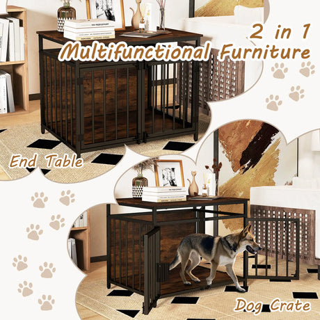 Furniture Style Dog Crate Chew-resistant Dog Cage with Three Doors-Rustic Brown