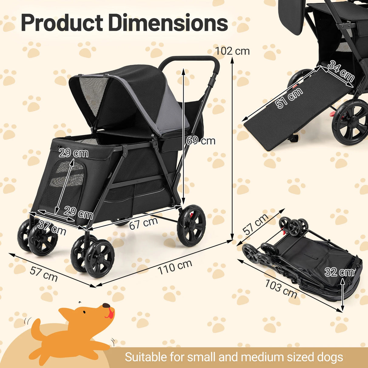 Dog Stroller for Medium Small Senior Elderly Dogs with Dual Entry-Black
