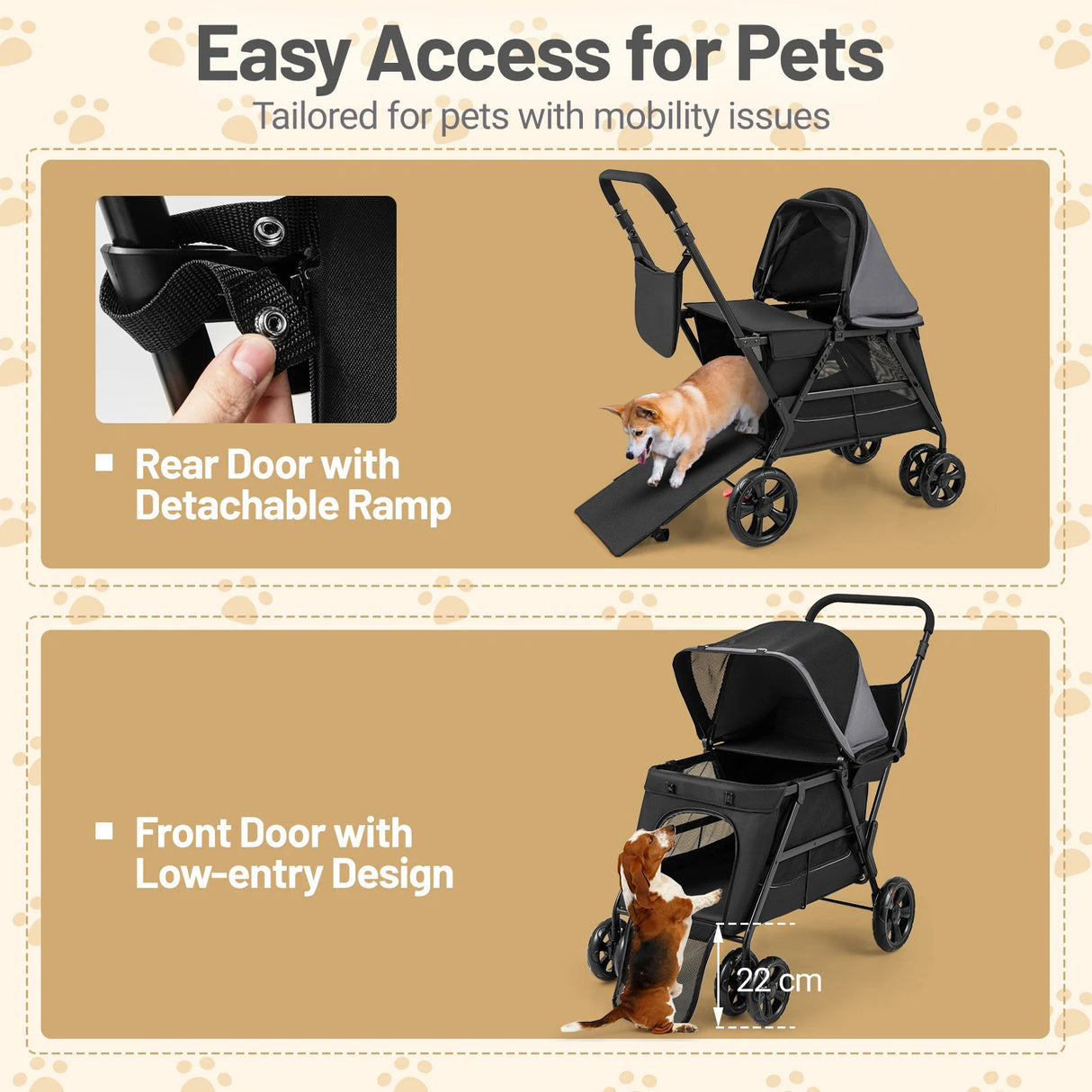 Dog Stroller for Medium Small Senior Elderly Dogs with Dual Entry-Black