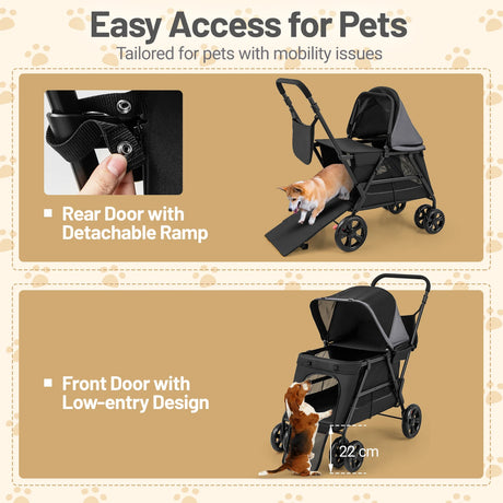 Dog Stroller for Medium Small Senior Elderly Dogs with Dual Entry-Black