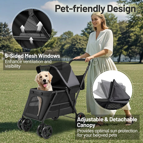 Dog Stroller for Medium Small Senior Elderly Dogs with Dual Entry-Black