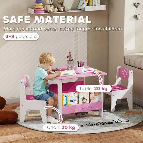 AIYAPLAY 3 Pieces Kids Table and Chair Set, Toddler Activity Table with Bookshelves, for Living Room, Nursery, Playroom, Pink