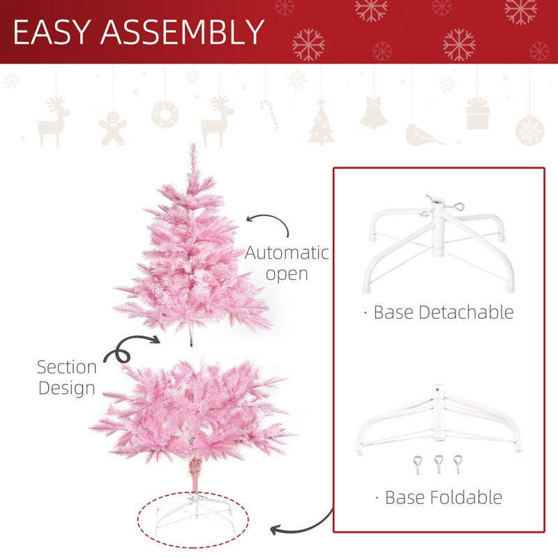 HOMCOM 4FT Artificial Christmas Tree Holiday Xmas Holiday Tree Decoration with Automatic Open for Home Party, Pink