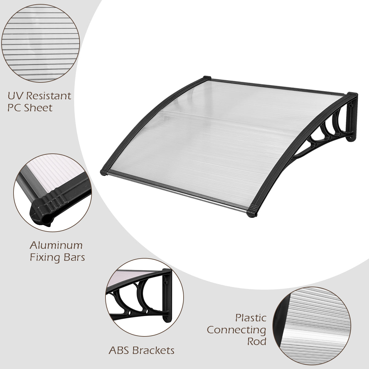 Door Canopy Awning Shelter Front Back Porch Window Roof Outdoor Shade 100*100CM-Black