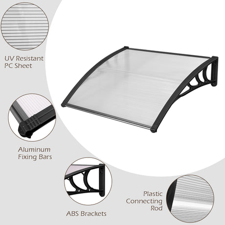 Door Canopy Awning Shelter Front Back Porch Window Roof Outdoor Shade 100*100CM-Black