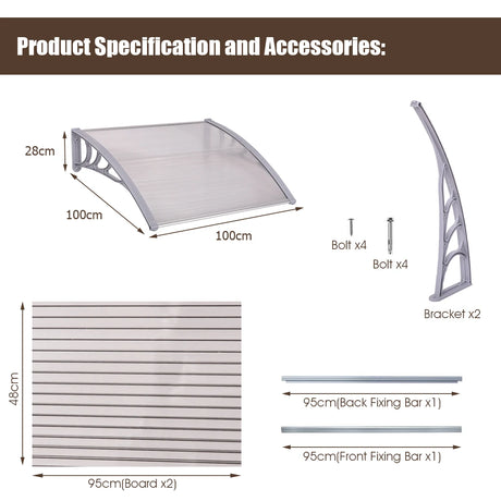 40 x 40 Inch Outdoor Polycarbonate Front Door Window Awning Canopy-Gray