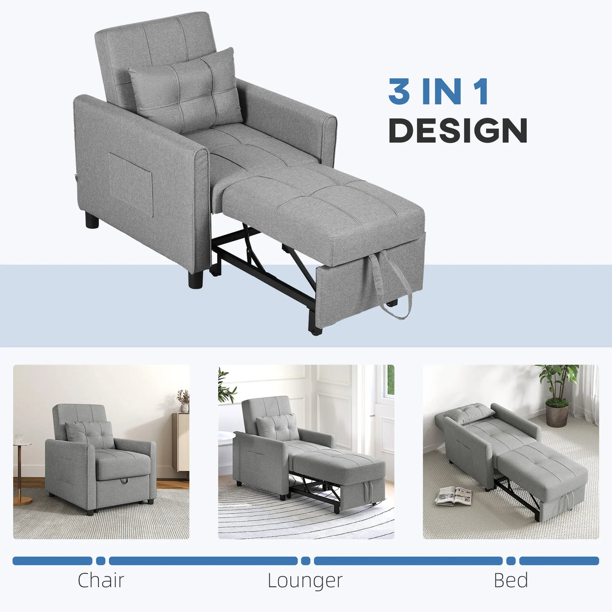 HOMCOM Linen-Look Single Chair Bed - Light Grey