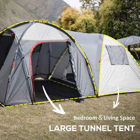 Outsunny 4-5 Man Outdoor Tunnel Tent, Two Room Camping Tent with Portable Mat, Sewn-In Floor, Carry Bag, 4 Doors and Breathable Mesh Windows, 2000mm Water Column for Fishing, Festival, Hiking