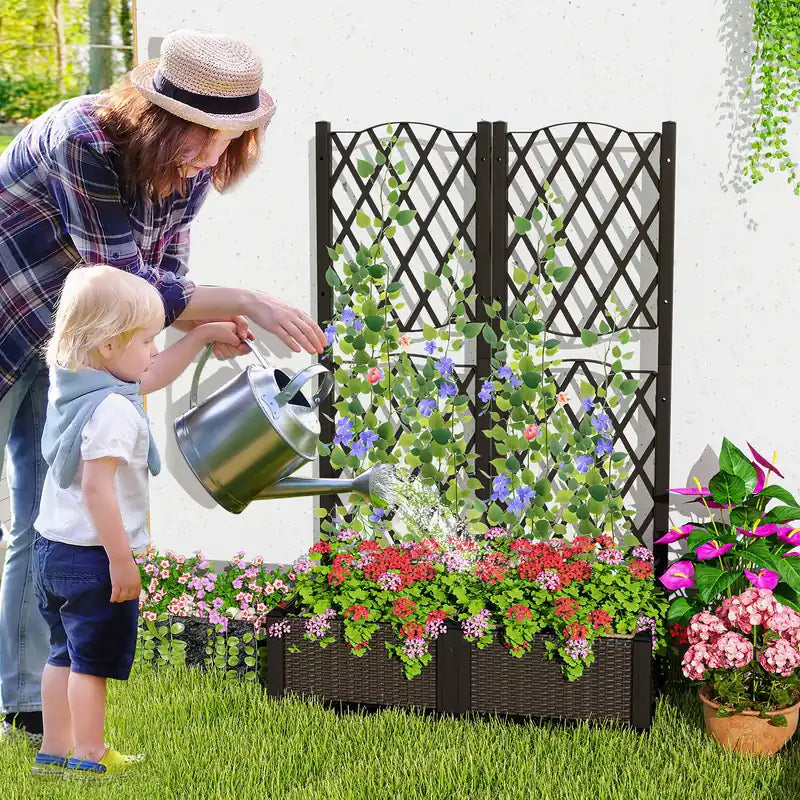 Flower box with trellis Planter for climbing plants Raised bed with trellis 80 x 40 x 122 cm Brown