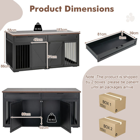 Double Dog Crate Furniture Large Breed Wood Dog Kennel with Room Divider-Black