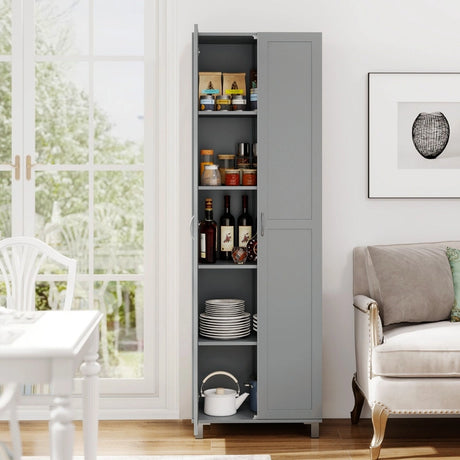 Double Door Tall Storage Cabinet with Adjustable Shelf and Anti-tilt Design-Grey