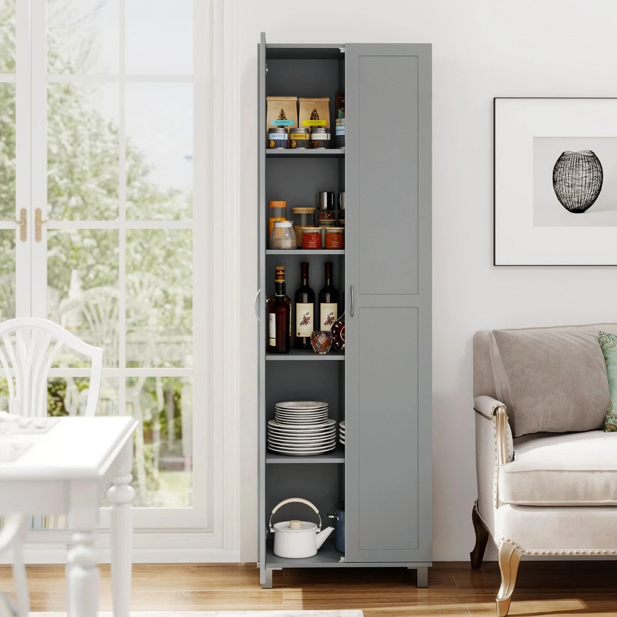Double Door Tall Storage Cabinet with Adjustable Shelf and Anti-tilt Design-Grey