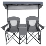 Double Folding Camping Chair with Canopy and Armrests-Grey