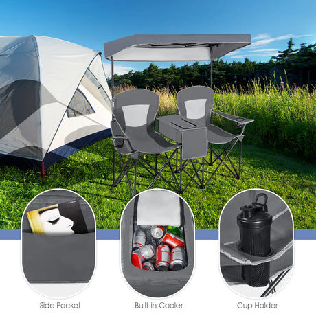 Double Folding Camping Chair with Canopy and Armrests-Grey