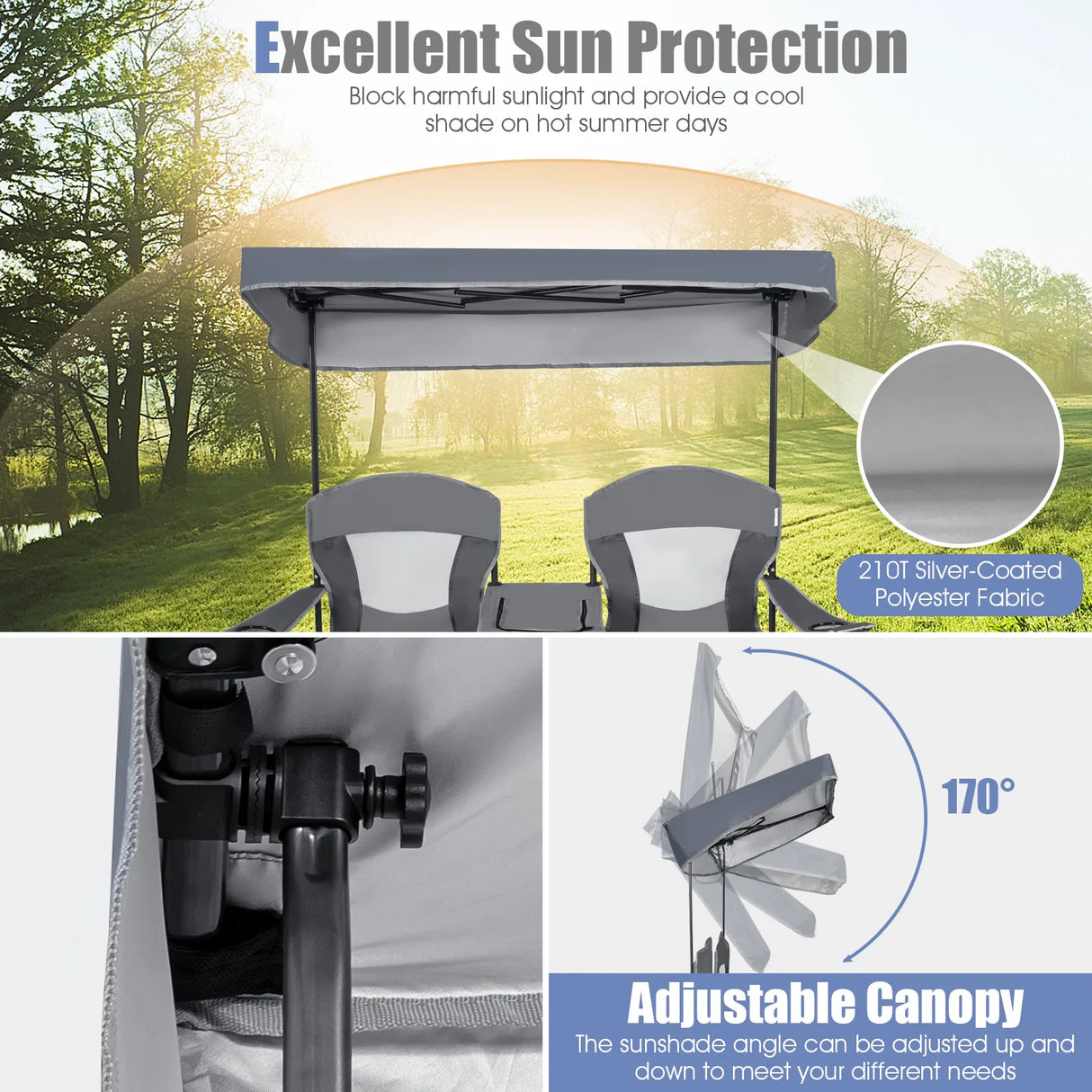 Double Folding Camping Chair with Canopy and Armrests-Grey
