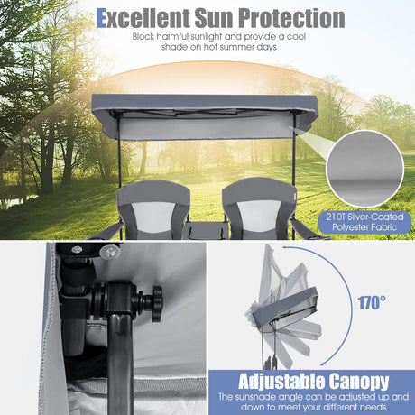 Double Folding Camping Chair with Canopy and Armrests-Grey